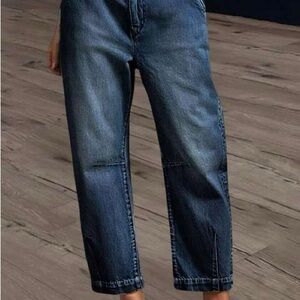 Flamingals Dark Wash Stitch Detail Mid Rise Barrel Leg Jeans 2XL 14/16